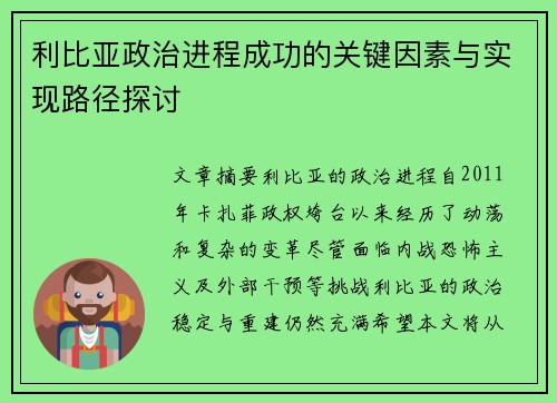 利比亚政治进程成功的关键因素与实现路径探讨
