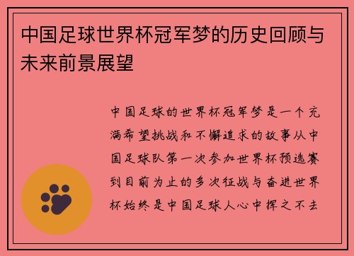 中国足球世界杯冠军梦的历史回顾与未来前景展望