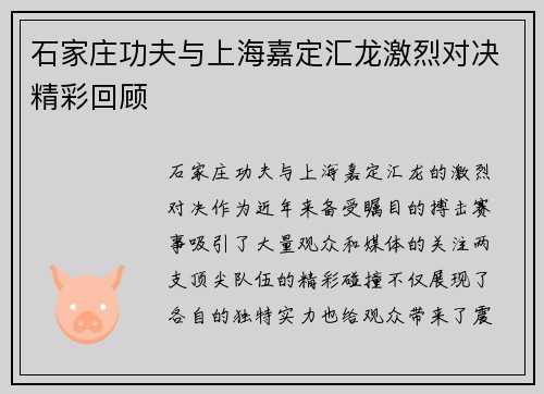 石家庄功夫与上海嘉定汇龙激烈对决精彩回顾